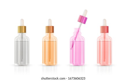 Set of realistic cosmetic container different color glass with collagen solution advertising background ready to use, luxury skin care cream tube. Beauty product ad design. Transparent pipette