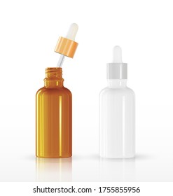 Conjunto de envases cosméticos realistas de diferentes colores de vidrio con fondo publicitario de solución de colágeno listo para usar, crema de cuidado de piel de lujo. Producto de belleza y diseño. Pipeta transparente