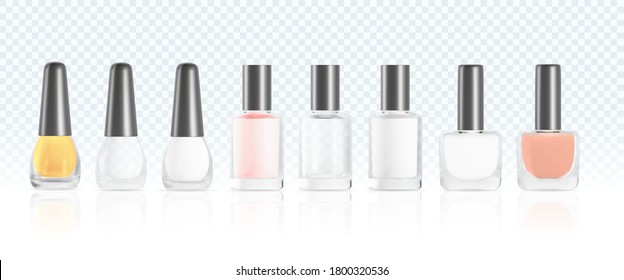 Conjunto de recipientes cosméticos realistas de vidrio de color diferente con fondo publicitario de solución de colágeno listo para usar, barniz, esmalte de uñas. Diseño de productos de belleza