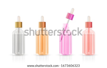 Set of realistic cosmetic container different color glass with collagen solution advertising background ready to use, luxury skin care cream tube. Beauty product ad design. Transparent pipette