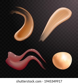 Set of realistic cosmetic cream smears. Skincare product of different body colors. Lotion smooth smear isolated vector texture on transparent background.