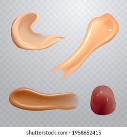 Set of realistic cosmetic cream smears. Skincare product of different body colors. Lotion smooth smear isolated vector texture on transparent background.