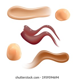 Set of realistic cosmetic cream smears. Skin toner of different body colors. Lotion smooth smear isolated vector texture on white background.