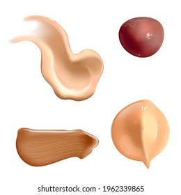 Set of realistic cosmetic cream smears. Skin toner of different body colors. Lotion smooth smear isolated vector texture on white background.