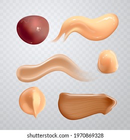 Set of realistic cosmetic cream smears. Skincare product of different body colors. Lotion smooth smear isolated vector texture on transparent background.