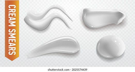 Set of realistic cosmetic cream smears. Skincare product of different body colors. Lotion smooth smear isolated vector texture on transparent background.