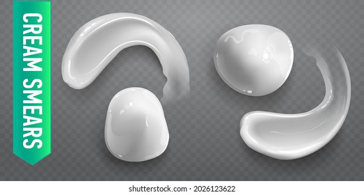 Set of realistic cosmetic cream smears. Skincare product of different body colors. Lotion smooth smear isolated vector texture on transparent background.