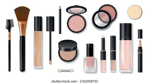 Set of realistic cosmetic makeup products. Blank template of containers for face cosmetic, eyeshadow, lipstick, brush, powder, nail polish and mascara. Vector