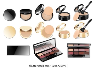 Set of realistic cosmetic makeup products. Blank template of containers for face cosmetic, eyeshadow, lipstick, brush, powder, nail polish and mascara. Vector