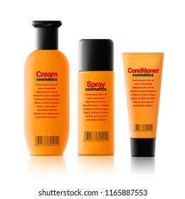 Set of Realistic cosmetic orange bottle with black lid on a white background. Package collection for cream, shampoo, glue. Mock up set for brand template. vector illustration.