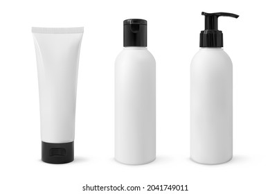 Set Of Realistic Cosmetic Tubes Mockup Isolated. 3d Vector Illustration Beauty Product White Plastic Containers With Black Cap Template