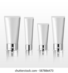 Set of realistic cosmetic tubes on white background with silver caps. Vector Illustration