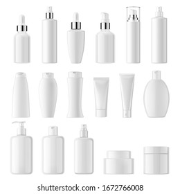 Set of realistic cosmetic white clean bottles, vector blank templates for mockup for your design. 3d illustration