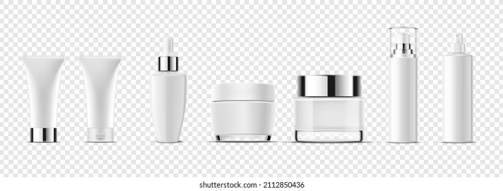 Conjunto de botellas cosméticas blancas limpias en un fondo aislado, plantillas en blanco para la simulación de su diseño. 3.ª ilustración