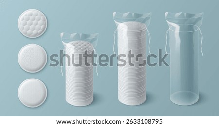 Set of realistic cotton pads - round discs, tall cylinder transparent package for beauty and skincare routines. 3d embossed soft surface texture hygienic cosmetic accessories mockup. Cleansing sponges