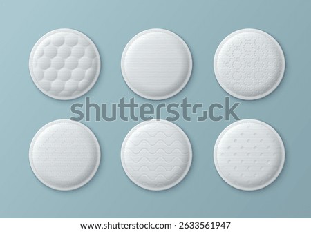 Set of realistic cotton pads with various textures - single round discs. 3d soft sponge with embossed surface. Essential cosmetic accessories for makeup removal, skincare routine mockup.