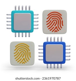 Set of realistic CPU and fingerprints. Access to work for several users. Data protection. Colored vector icons for modern web design. Multiprocessor computer