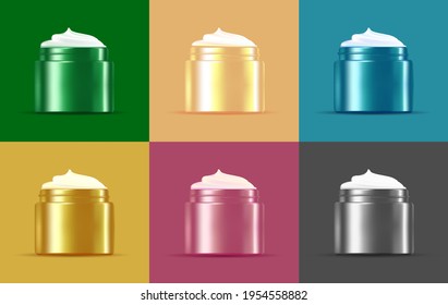 Set of realistic cream jar 3d mockups, different colors on same color background, open with cream shape