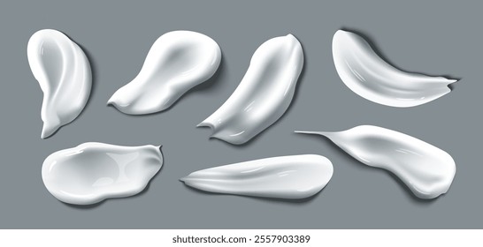 Set of realistic cream swatches. Samples of cosmetic skin care products with creamy texture. Substance of moisturizer, body cleanser or scrub. 3D vector illustration collection isolated on background