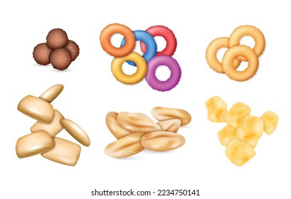 Set of realistic crispy breakfast cereals with colorful rings, corn pads, chocolate rings, balls and cornflakes isolated on white background. Morning food collection. Vector illustration