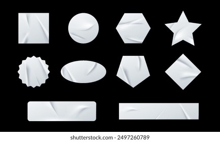 Set of realistic crumpled silver gradient stickers, labels, quality emblems, badges or sale stamp on black background.