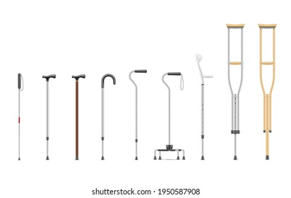 Set realistic crutches and walking stick vector illustration. Collection of different medical devices additional support isolated on white. Telescopic ergonomic metal and wooden cane injury equipment