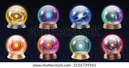 Set of realistic crystal orb, magical balls with glowing energy sphere and shiny lightning. Spiritual glass for occult prediction future with fantasy effect. 3d mystery domes. Vector illustration