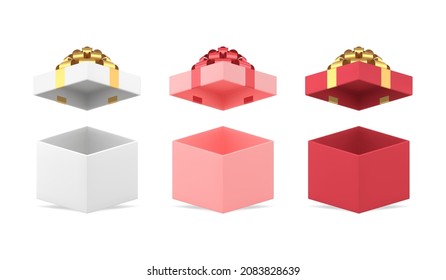 Set of realistic cube open cardboard case for present package with decorative bow ribbon 3d template vector illustration. Collection squared holiday gift boxes with open cap unpacking isolated
