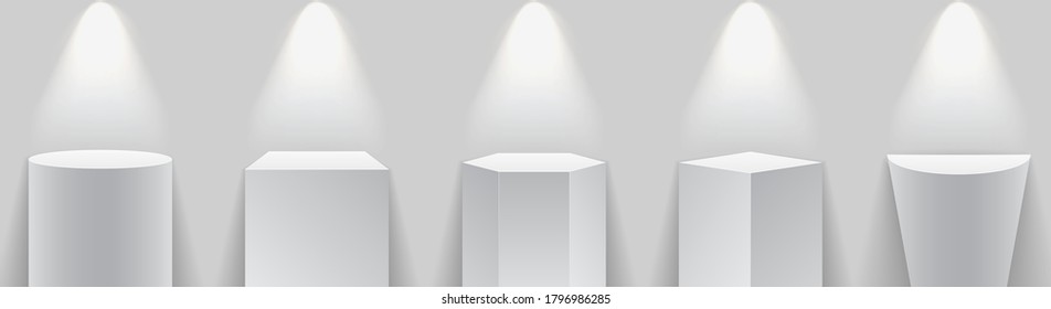 Set realistic cubes museum podium. Spotlight illuminates geometric gallery blank stands. Pedestal and platform, stand stage, cylinder. Empty stages and podium stairs 3d template - stock vector