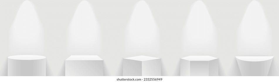 Set realistic cubes museum podium. Spotlight illuminates geometric gallery blank stands. Pedestal and platform, stand stage, cylinder. Empty stages and podium stairs 3d template - vector