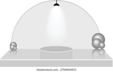 Set realistic cubes museum podium. Spotlight illuminates geometric gallery blank stands. Pedestal and platform, stand stage, cylinder. Empty stages and podium stairs 3d template - vector