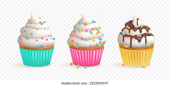 Set of realistic cupcakes with cream and icing isolated on transparent background. 3d vector illustration