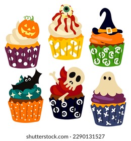 A set of realistic cupcakes for Halloween. Eerily decorated cupcakes, themed little cakes for October 31 and a scary dessert set of cartoon vector illustrations. Baking for Halloween. Day of the Dead