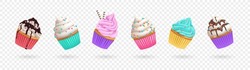 Set Of Realistic Cupcakes With Sprinkles, Cream And Icing Isolated On Transparent Background. 3d Vector Illustration