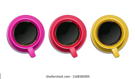 Set of realistic cups of coffee of different colors, top view, vector illustration