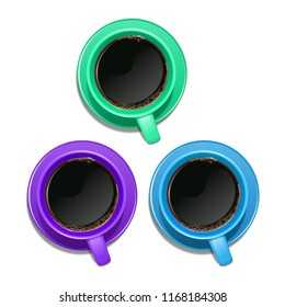 Set of realistic cups of coffee of different colors, top view, vector illustration