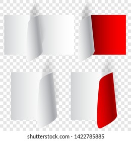 Set of realistic curled paper corners in white and red colors with shadows