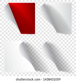 Set of realistic curled paper corners in white and red colors with shadows