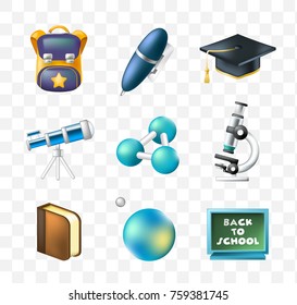 Set of Realistic Cute Elegant Education Icons on Transparent Background . Isolated Vector Illustration 