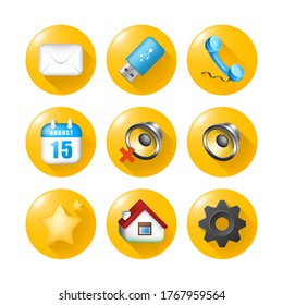 Set of Realistic Cute Elegant Technological Icons on Yellow Buttons on White Background . Isolated Vector Illustration 