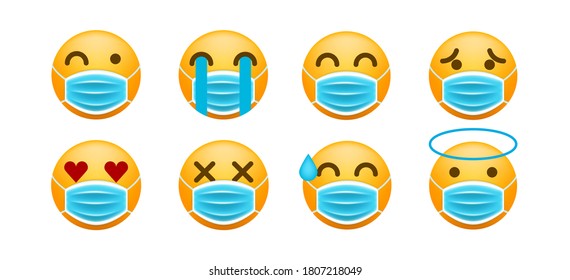 Set of Realistic Cute Emoticons with Face Mask on White Background . Isolated Vector Illustration 