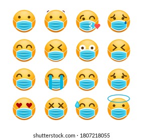 Set of Realistic Cute Emoticons with Face Mask on White Background . Isolated Vector Illustration 