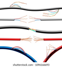 Set of realistic damaged electric cables of various diameter and color with sticking wires isolated vector illustration