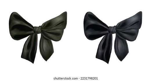 Set of realistic dark green  and black bows. Element for decoration gifts, greetings, holidays. Vector art. Black Friday element