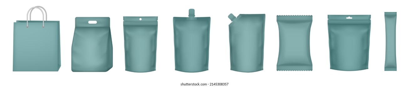 Set of realistic dark green pouch mockups. Flow pack, sugar stick, sachet, zip bag and doypack. Chocolate bar wrapper. Laundry detergent