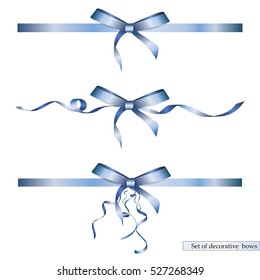 Set of realistic  decorative beautiful blue gift bows with horizontal ribbons isolated on white background.  Vector decoration elements collection for your design 