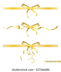 Set of realistic  decorative beautiful golden gift bows with horizontal ribbons isolated on white background.  Vector decoration elements collection for your design 