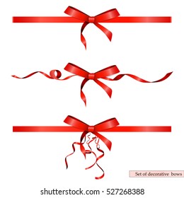 Set of realistic  decorative beautiful red gift bows with horizontal ribbons isolated on white background.  Vector decoration elements collection for your design 