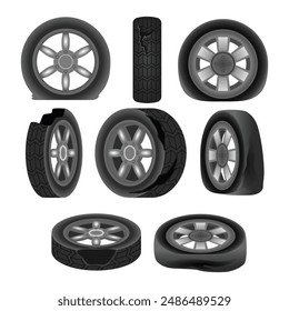 Conjunto de neumático de coche desinflado realista o neumático desinflado, neumático de automóvil desinflado. Rueda del coche perforada. Elemento de la estación de servicio del neumático. Ilustración plana de dibujos animados, concepto de accidente y reparación.