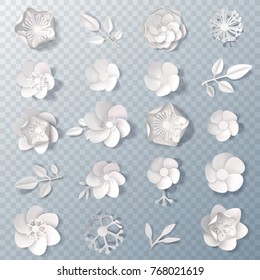 Set of realistic delicate white paper flowers and leaves isolated on transparent background 3d vector illustration 